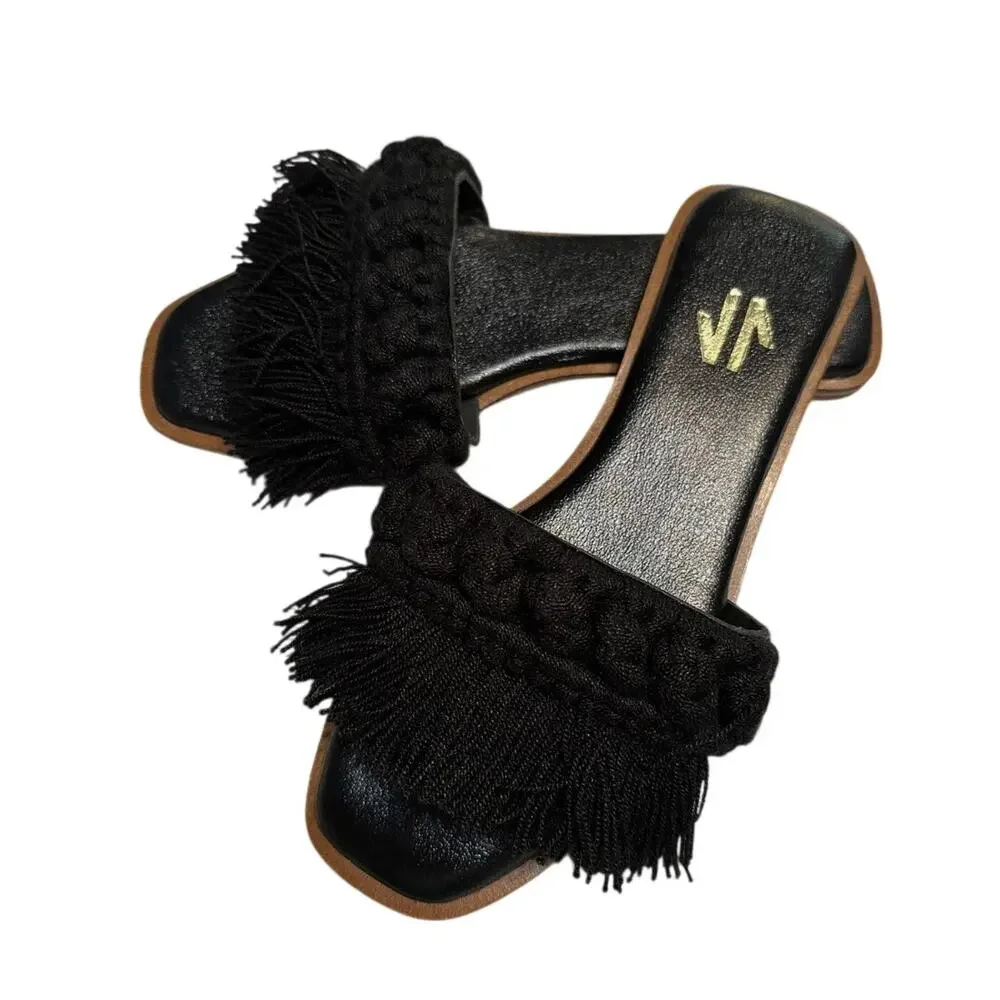 New Silvia Cobos Women S Candy Fringe Flat Sandals Black Size 8
